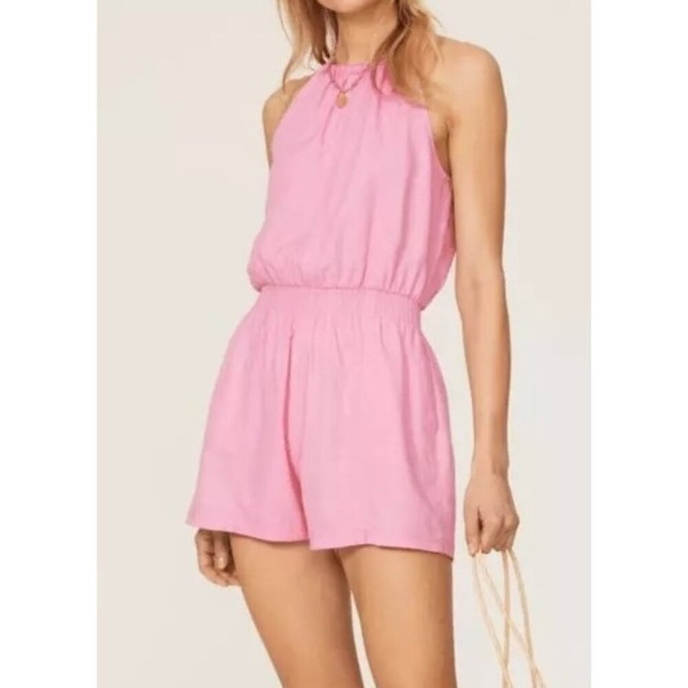 Splendid Pink Hana Romper Shorts Sleeveless Size L Pockets Elastic Waist Summer